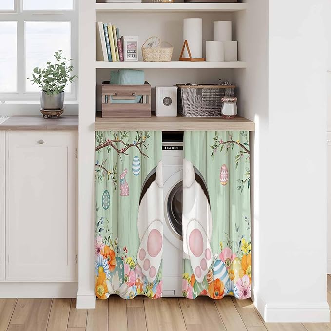 Easter Kitchen Tier Curtains 45 Inch Long 2 Panel Set,Rod Pocket Short Window Treatment,Spring Watercolor Bunny Eggs Wooden Grain Green Light Filtering Curtains & Drapes for Bathroom 27.5"W x 45"L