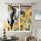 Retro Farmhouse Flower Bedroom Curtains 72 Inch Length, Window Curtains Tab Top, Yellow Sunflowers Cow Barn Doors Brown Light Filtering Window Treatments Drapes 52"x72" 2 Panel