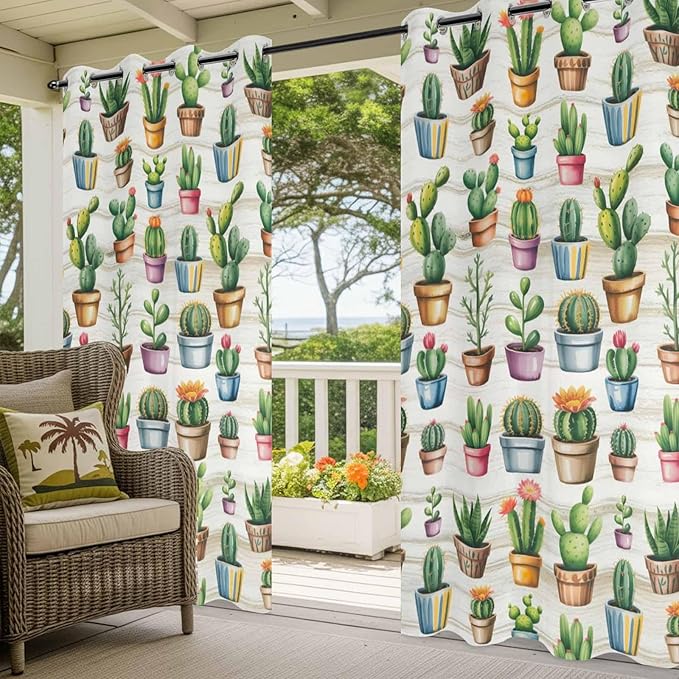 Summer Cactus Outdoor Curtains for Patio Cactus Tropical Plant Wooden Waterproof Outside Curtains with Grommet Top Weatherproof Curtain for Cabana Pergola Gazebo, 1 Panel, 54" W x 84" L