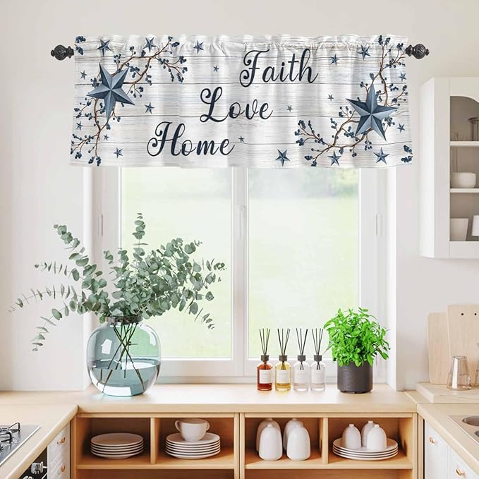 Farmhouse Kitchen Curtains Set 3 Piece for Windows,Rod Pocket Valance and Tier Set 24 Inch Length,Blue Country Texas Star Vintage Berries Wooden Light Filtering Cafe Curtains for Living Room
