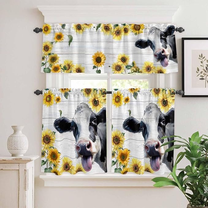 Kitchen Curtains Tiers and Valance Set of 3, Cow Sunflowers Light Filtering Window Curtain Set, Farmhouse Animals Plants Wooden Grain Rod Pocket Curtain Drapes for Cafe, Living Room, 36 Inches Tiers