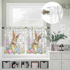 Kitchen Curtains Tiers and Valance Set of 3, Easter Light Filtering Window Curtain Set, Spring Rabbit Eggs Blooms Flowers Leaf Grey Plaid Rod Pocket Curtain Drapes for Living Room, 36 Inches Tiers