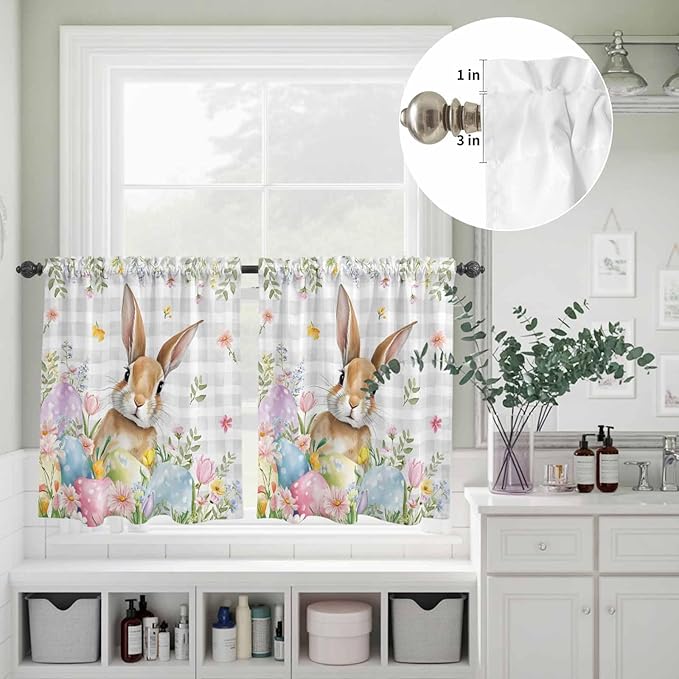 Kitchen Curtains Tiers and Valance Set of 3, Easter Light Filtering Window Curtain Set, Spring Rabbit Eggs Blooms Flowers Leaf Grey Plaid Rod Pocket Curtain Drapes for Living Room, 24 Inches Tiers