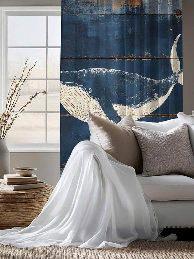 Sheer Curtains 72 Inches Long, Summer Whale Blue Semi Sheer Curtains Light Filtering Window Treatment, Coastal Ocean Vintage Wooden Grain Privacy Voile Drapes for Living Room Bedroom 52x72 Inch