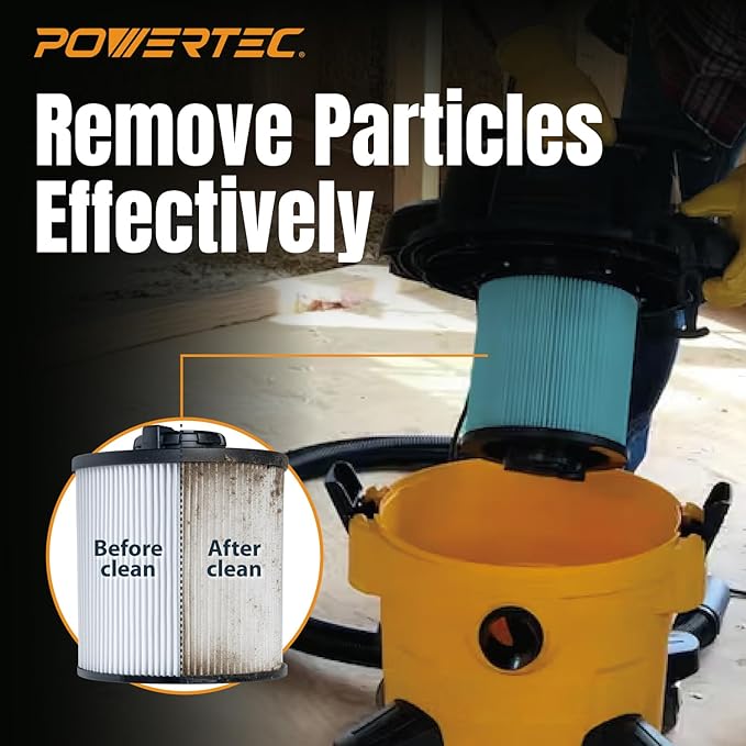 POWERTEC DXVC6910 Cartridge Filter for DeWalt 6-16 Gal. Wet/Dry Vacuums, Shop Vac Filters for DXV09PA, DXV10S-QT, DXV09P-QTA, DXV06P-QT, DXV10P-QT Shop Vacuum, 1 Pack (75120)