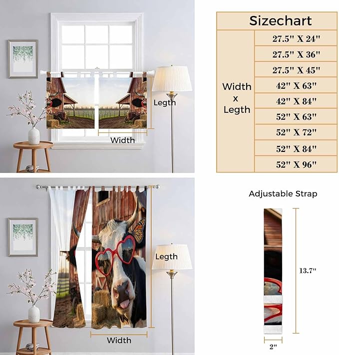 Farm Cows Bedroom Curtains 63 Inch Length, Window Curtains Tab Top, Farmhouse Barn Funny Animals Butterfly Light Filtering Window Treatments Drapes 42"x63" 2 Panel