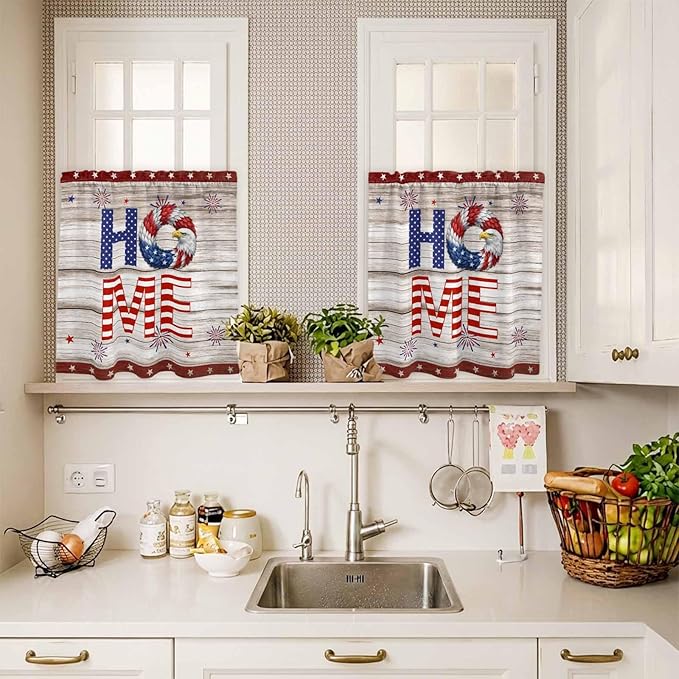 4th of July Kitchen Curtains Set 3 Piece for Windows,Rod Pocket Valance and Tier Set 24 Inch Length,Stars Striped Farmhouse American Flag Wood Grain Light Filtering Cafe Curtains for Living Room