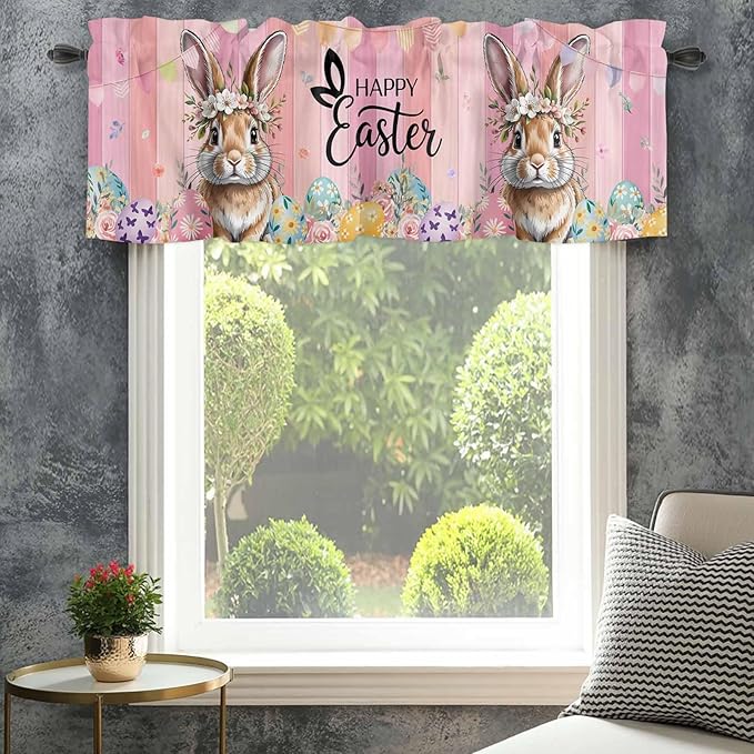 Easter Curtain Valances for Windows, Kitchen Valance Window Treatment, Spring Rabbit Eggs Flowers Flags Leaves Wood Grain Light Filtering Block Curtains for Bathroom/Bedroom/Living Room 42'' x 12''