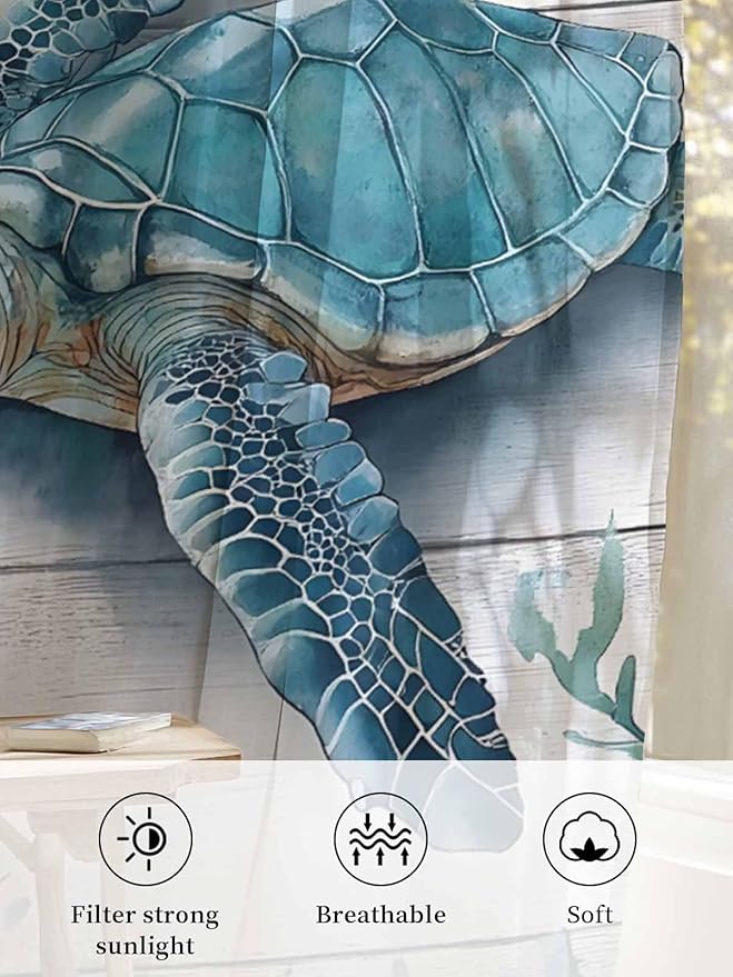 Sheer Curtains 45 Inch Length, Teal Green Sea Turtle Semi Sheer Curtains Light Filtering Window Treatment, Summer Ocean Seaweed Wood Grain Privacy Voile Drapes for Living Room Bedroom 52x45 Inch