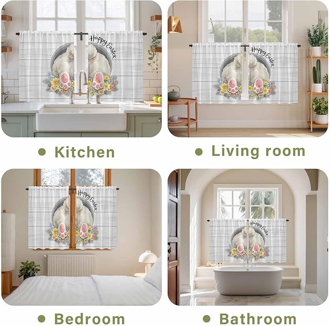 Easter Bunny Kitchen Curtains 54 Inch Long 2 Panel Set,Rod Pocket Window Curtains Panels,3D Optical Illusion Farmhouse Flower Wood Grain Light Filtering Privacy Draperies for Bedroom 42"W x 54"L