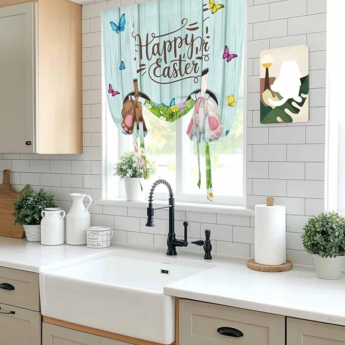 Tie Up Curtains,Happy Easter Bunny Butt Egg Floral Adjustable Rod Pocket Window Shade Curtain Drape Spring Plant on Aqua Wood Tie-Up Valance for Kitchen Bedroom Living Room Windows,42"x63"
