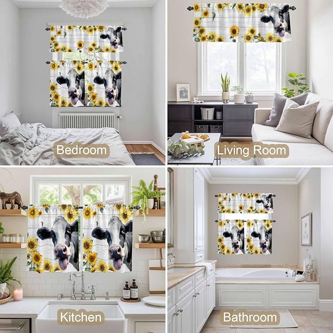Kitchen Curtains Tiers and Valance Set of 3, Cow Sunflowers Light Filtering Window Curtain Set, Farmhouse Animals Plants Wooden Grain Rod Pocket Curtain Drapes for Cafe, Living Room, 36 Inches Tiers