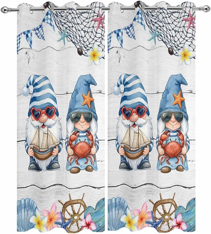 Ocean Gnome Outdoor Curtains for Patio Summer Marine Plumeria Shell Wooden Waterproof Outside Curtains with Grommet Top Weatherproof Curtain for Cabana Pergola Gazebo, 2 Pack, 54" W x 84" L