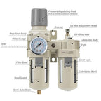 Industrial Air Compressor Filter Regulator Lubricator (FRL) Unit - 1/2 NPT Oil Water Separator with Pressure Gauge & Semi-Auto Drain for Pneumatic Systems