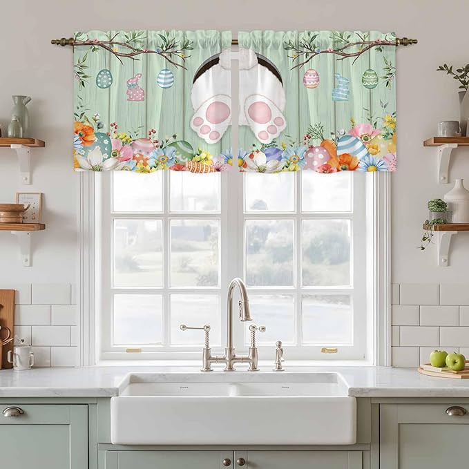 Easter Kitchen Tier Curtains 24 Inch Long 2 Panel Set,Rod Pocket Cafe Small Window Curtains Over Sink,Spring Watercolor Bunny Eggs Wooden Grain Green Light Filtering Short Drapes 27.5"W x 24"L