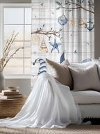 Sheer Curtains 63 Inch Length, Coastal Eucalyptus Semi Sheer Curtains Light Filtering Window Treatment, Ocean Blue Gnomes Starfish Leaf Wood Grain Privacy Voile Drapes for Living Room 52x63 Inch