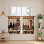 Brown Farmhouse Tier Curtains, Vintage Country Animals Wooden Grain Light Filtering Kitchen Curtains, 2Pcs Rod Pocket Half Window Treatments Panels for Sink Cafe Cabinet Basement 27.5x45 Inches