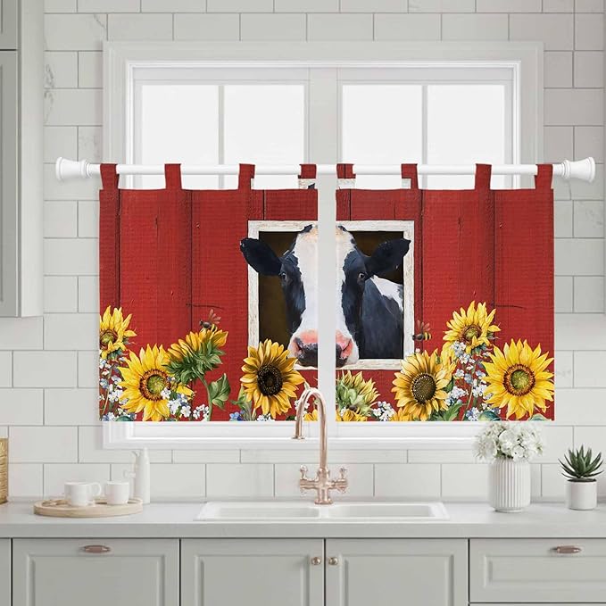 Cow Sunflowers Kitchen Curtains 24 Inch Length, Small Window Curtains Tab Top, Botanical Floral Leaves Bees Farm Barn Light Filtering Short Window Treatments Tier Drapes 27.5"x24" 2 Panel