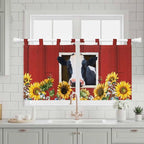 Cow Sunflowers Kitchen Curtains 36 Inch Length, Small Window Curtains Tab Top, Botanical Floral Leaves Bees Farm Barn Light Filtering Short Window Treatments Tier Drapes 27.5"x36" 2 Panel
