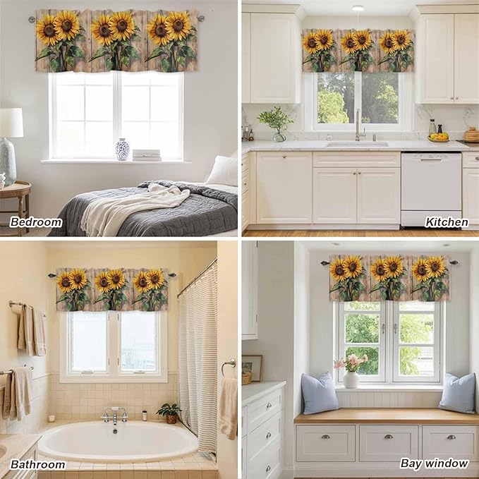 Kitchen Valances for Window, Watercolor Sunflower Retro Board Light Filtering Rod Pocket Valance Curtain, Farm Brown Wood Grain Short Curtains Window Topper for Bedroom Bathroom Living Room 54x18in