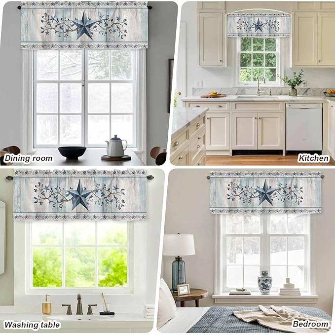 Blue Texas Star Valances for Windows, Vintage Star Berry Blue Beige Wood Grain Kitchen Valance Light Filtering Rod Pocket Short Curtains for Kitchen Bathroom, 1 Panel, 60"x14"