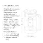 Aarke Purifier Glass Water Pitcher, Refillable Stainless Steel Filter, 8-Weeks Performance, BPA-Free, Dishwasher Safe, Pure & Enriched Refill Granules, 1.66L (7 Cups) Capacity