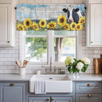 Cow Sunflowers Curtain Valances for Windows, Kitchen Valance Window Treatment, Farmhouse Animal Blue Sky Wooden Grain Light Filtering Block Curtains for Bathroom/Bedroom/Living Room 54'' x 18''