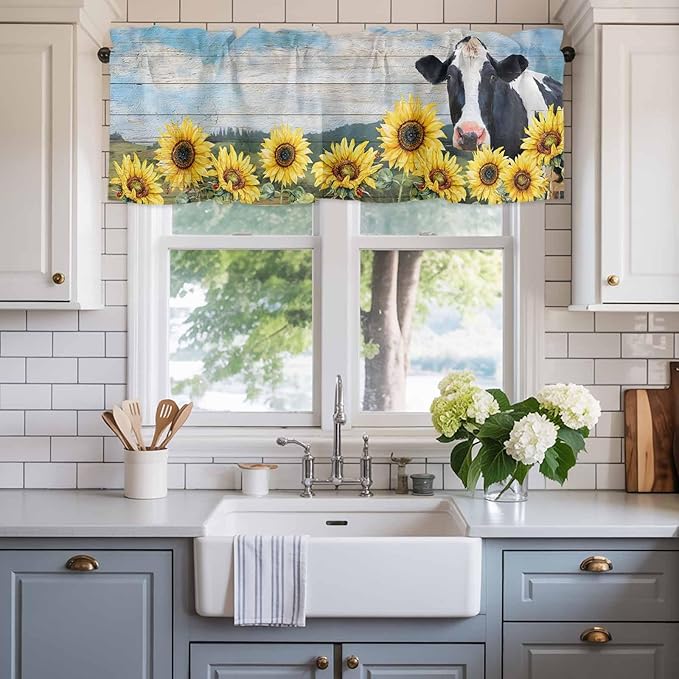 Cow Sunflowers Curtain Valances for Windows, Kitchen Valance Window Treatment, Farmhouse Animal Blue Sky Wooden Grain Light Filtering Block Curtains for Bathroom/Bedroom/Living Room 54'' x 18''