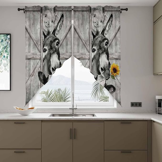 Funny Farm Animals Swag Valances for Windows, Vintage Barn Grey Sunflowers Rod Pocket Kitchen Curtains Valance, Small Window Curtains Swag for Cafe Bathroom Living Room, 2 Panels, 36x36 inch