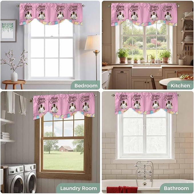 Pink Easter Tie Up Valance Curtains for Windows,Kitchen Curtains Window Shades,Easter Bunny Eggs Spring Cartoon Farmhouse Wood Grain Light Filtering Curtain Valances for Bedroom/Bathroom/Cafe 42"x18"