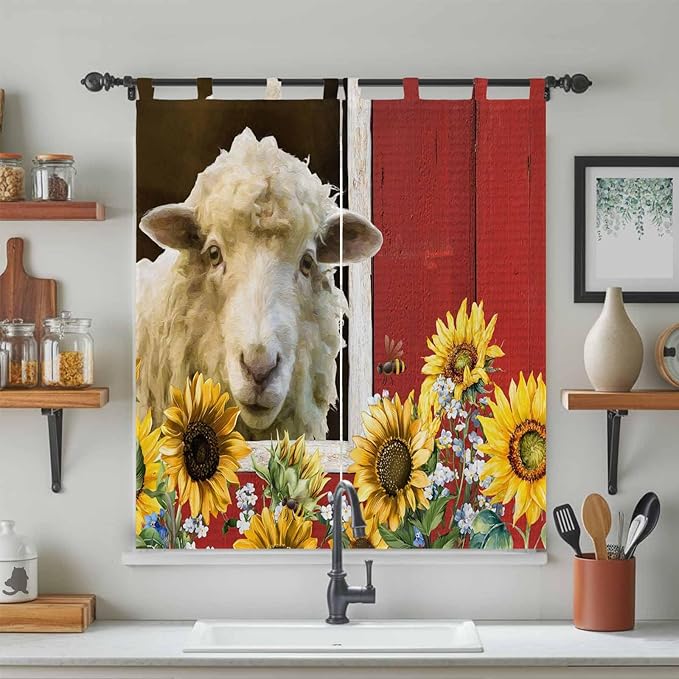 Sheep Flowers Bedroom Curtains 72 Inch Length, Window Curtains Tab Top, Country Red Barn Botanical Sunflowers Light Filtering Window Treatments Drapes 52"x72" 2 Panel
