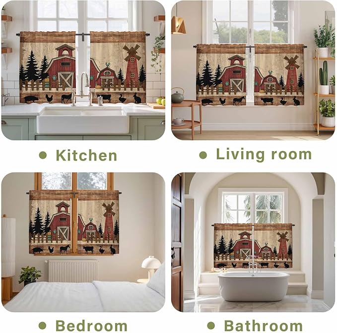 Brown Farmhouse Kitchen Curtains, Vintage Country Animals Wooden Grain Light Filtering Window Curtain Panels, 2Pcs Rod Pocket Window Treatments Set for Cabin Bathroom Bedroom 52x45 Inches