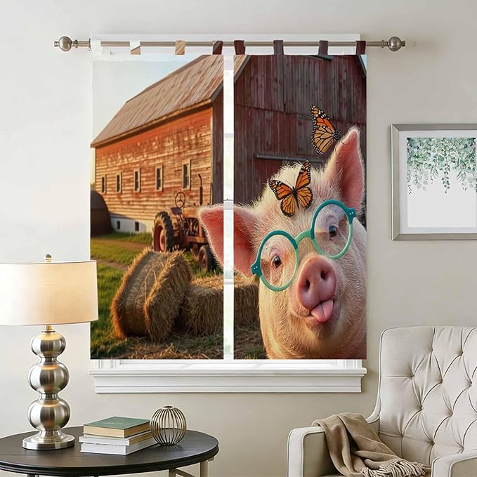 Farm Pig Bathroom Curtains 63 Inch Length, Window Curtains Tab Top, Farmhouse Barn Funny Animals Butterfly Light Filtering Window Treatments Drapes 52"x63" 2 Panel