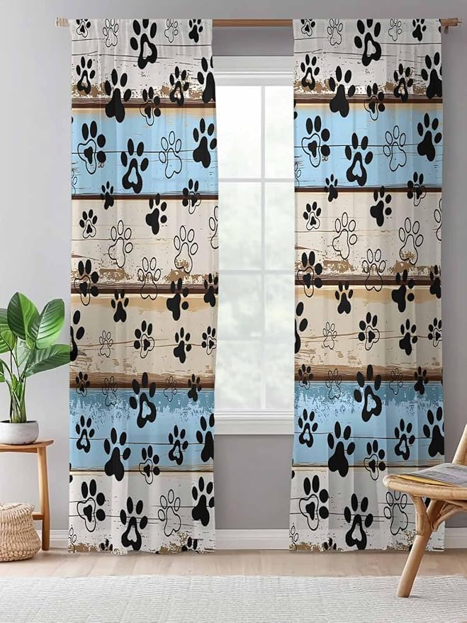 Sheer Curtains 108 Inches Long, Blue Brown Paw Prints Semi Sheer Curtains Light Filtering Window Treatment, Vintage Farmhouse Rustic Wooden Grain Privacy Voile Drapes for Living Room 52x108 Inch