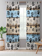 Sheer Curtains 96 Inches Long, Blue Brown Paw Prints Semi Sheer Curtains Light Filtering Window Treatment, Vintage Farmhouse Rustic Wooden Grain Privacy Voile Drapes for Living Room Bedroom 52x96 Inch