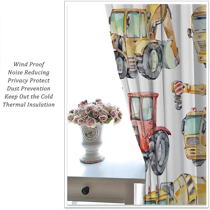 Kids Excavator Curtains, Retro Truck Tractor Machinery Construction Vehicle Crane Digger Mixer Rod Pocket Decorative Windows Curtain for Teens Girls Boys Room 84x84in (30% Blackout)