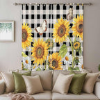 Sunflowers Living Room Curtains 96 Inch Length, Window Curtains Tab Top, Yellow Flowers Butterfly Farmhouse Black Plaid Light Filtering Window Treatments Drapes 52"x96" 2 Panel