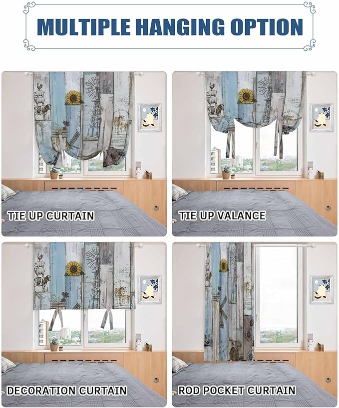 Tie Up Curtains for Windows, Blue Grey Wooden Adjustable Balloon Nature Linen Textured Kitchen Curtain, Farmhouse Barn Sunflowers Retro Decorative Tie Up Curtain for Window, 52" x 45"