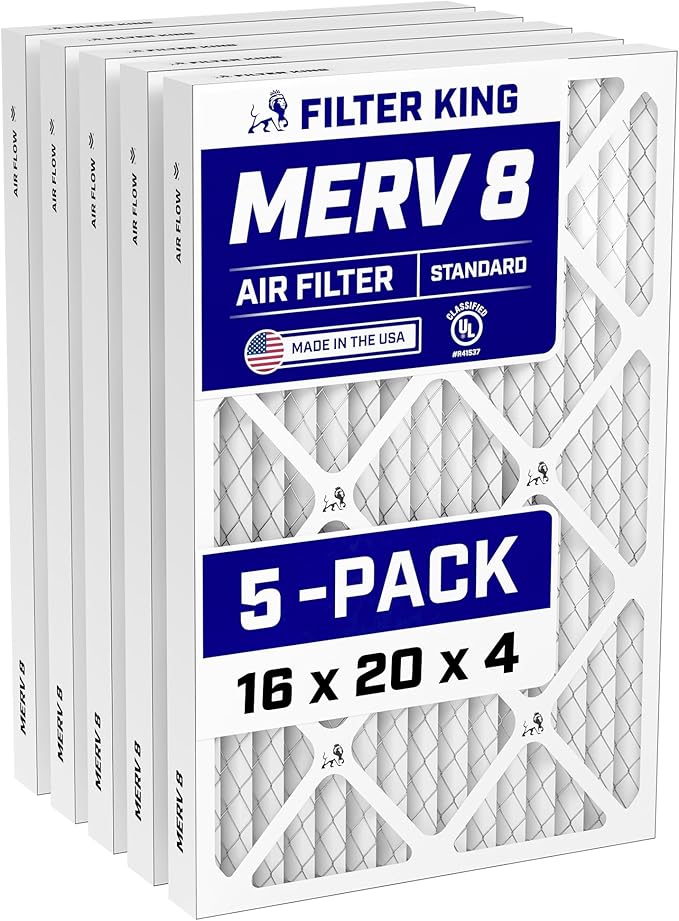 Filter King 16x20x4 Air Filter | 5-PACK | MERV 8 HVAC Pleated A/C Furnace Filters | MADE IN USA | Actual Size: 15.5 x 19.5 x 3.75"
