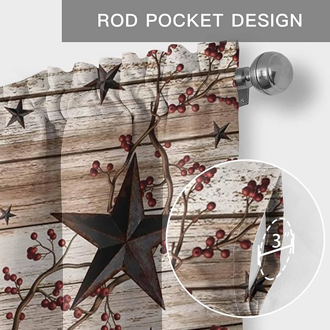Rustic Star Brown Curtain Valances for Windows, Kitchen Valance Window Treatment, Vintage Plants Berry Wooden Grain Light Filtering Block Curtains for Bathroom/Bedroom/Living Room 42'' x 18''