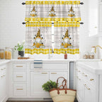 Yellow Gnomes Kitchen Curtains Set 3 Piece for Windows, Rod Pocket Valance and Tier Set 36 Inch Length, Spring Bees Daisy Plaid Wooden Grain Light Filtering Cafe Curtains for Living Room Bathroom