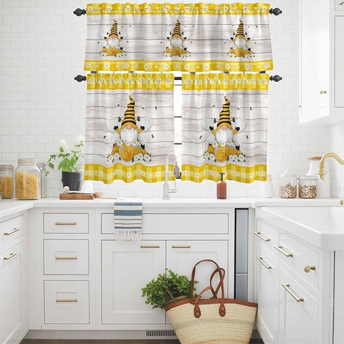 Yellow Gnomes Kitchen Curtains Set 3 Piece for Windows, Rod Pocket Valance and Tier Set 36 Inch Length, Spring Bees Daisy Plaid Wooden Grain Light Filtering Cafe Curtains for Living Room Bathroom