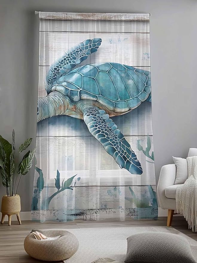Sheer Curtains 84 Inches Long, Teal Green Sea Turtle Semi Sheer Curtains Light Filtering Window Treatment, Summer Ocean Seaweed Wood Grain Privacy Voile Drapes for Living Room Bedroom 52x84 Inch