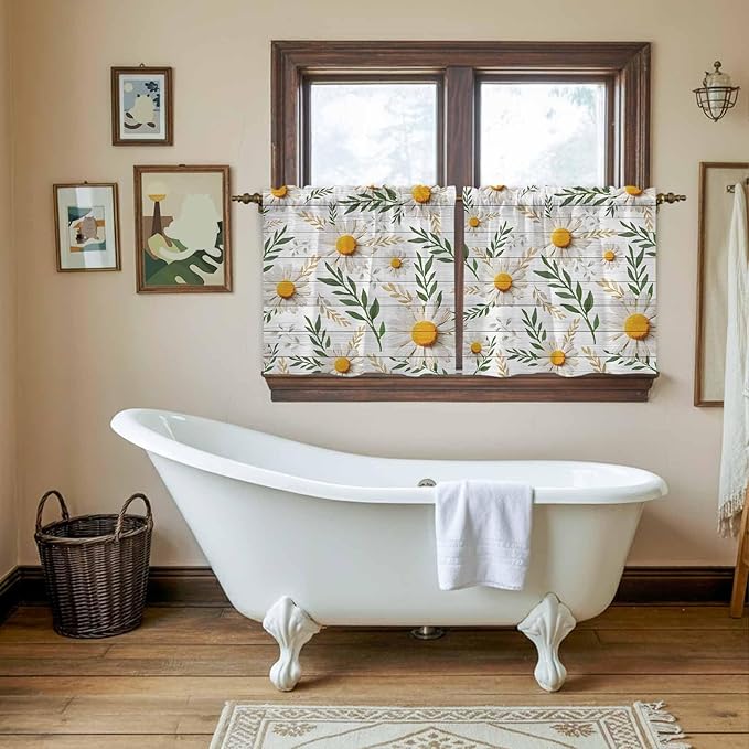 Spring Daisy Tier Curtains, Farmhouse Country Flower Leaf Plant Wood Grain Light Filtering Kitchen Curtains, 2Pcs Rod Pocket Half Window Treatments Panels for Sink Cafe Cabinet Camper 27.5x36 Inches