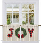 Red Green Christmas Kitchen Tier Curtains 36 Inch Long 2 Panel Set,Rod Pocket Half Window Curtains Over Sink,Farmhouse Xmas Botanical Winter Short Drapes for Bathroom Cafe 27.5"W x 36"L