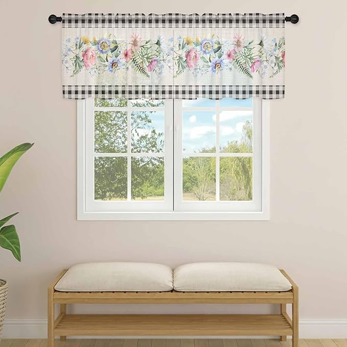 Blue Pink Floral Sheer Valance Curtains, Spring Summer Botanical Linen Black Plaid Light Filtering Kitchen Valances Rod Pocket Voile Curtain Window Treatment for Bedroom/Living Room/Basement 42Wx12L