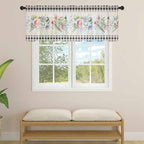Blue Pink Floral Sheer Valance Curtains, Spring Summer Botanical Linen Black Plaid Light Filtering Kitchen Valances Rod Pocket Voile Curtain Window Treatment for Bedroom/Living Room/Basement 54Wx18L