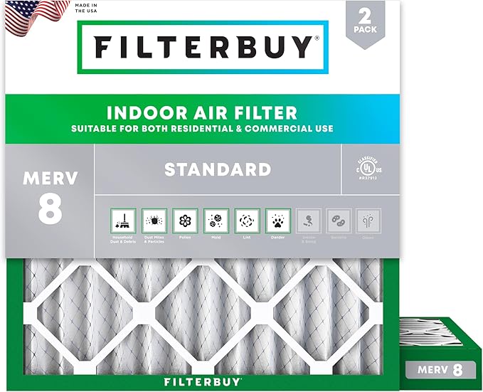 Filterbuy 10x10x2 Air Filter MERV 8 Essential Dust & Allergy Defense (2-Pack), Electrostatic Pleated HVAC AC Furnace Filters Replacement, Made in USA (Actual Size: 9.50 x 9.50 x 1.75)