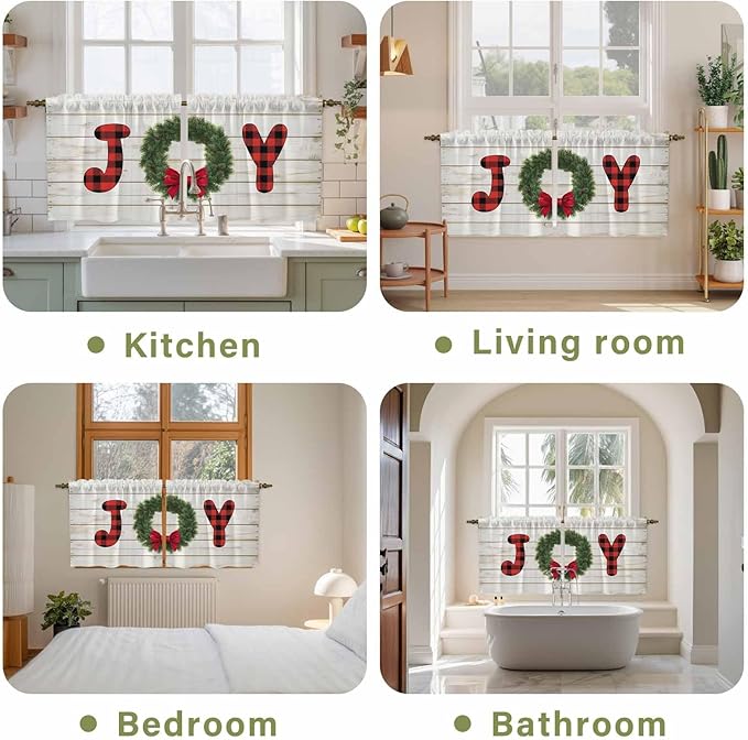 Christmas Wreaths Kitchen Tier Curtains 24 Inch Long 2 Panel Set,Rod Pocket Cafe Small Window Curtains Over Sink,Winter Bow Plaid Farmhouse Wooden Grain Short Drapes for Bathroom Cabinet 27.5"W x 24"L