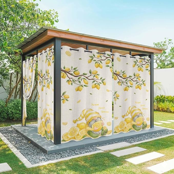 Summer Outdoor Curtains for Patio Lemon Gnome Leaf Linen Texture Waterproof Outside Curtains with Grommet Top Weatherproof Curtain for Cabana Pergola Gazebo, 1 Panel, 54" W x 108" L